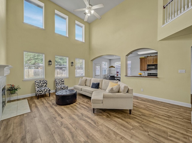 living room featuring light hardwood / wood-style floors, a towering ceiling, and a healthy amount of sunlight