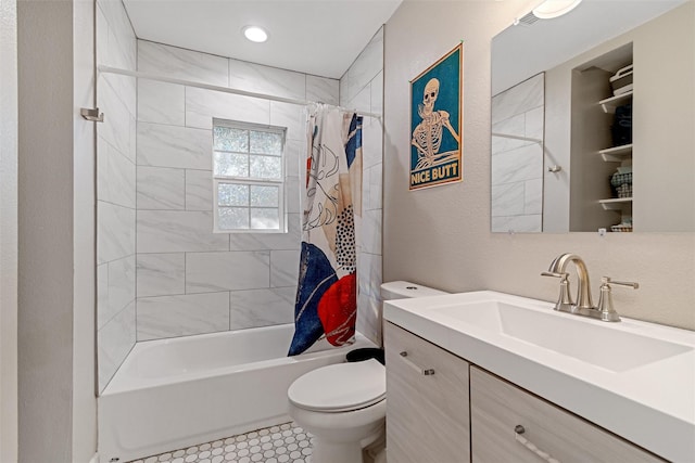 full bathroom featuring shower / tub combo with curtain, vanity, and toilet