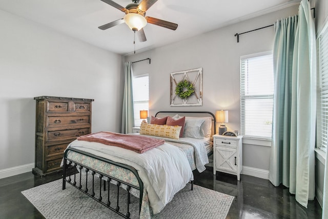 bedroom featuring ceiling fan and multiple windows