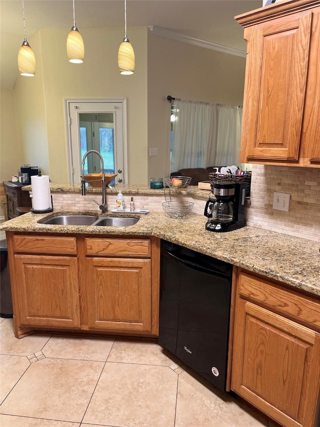 kitchen with sink, hanging light fixtures, black dishwasher, tasteful backsplash, and ornamental molding