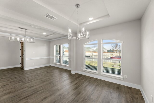 unfurnished dining area with dark wood-style flooring, a raised ceiling, visible vents, a chandelier, and baseboards