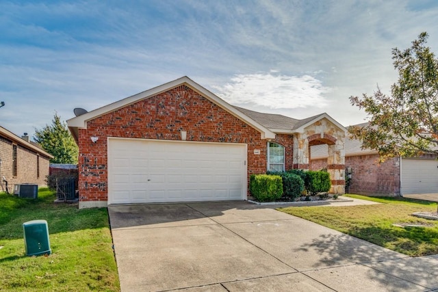 ranch-style house with a front lawn and central AC unit