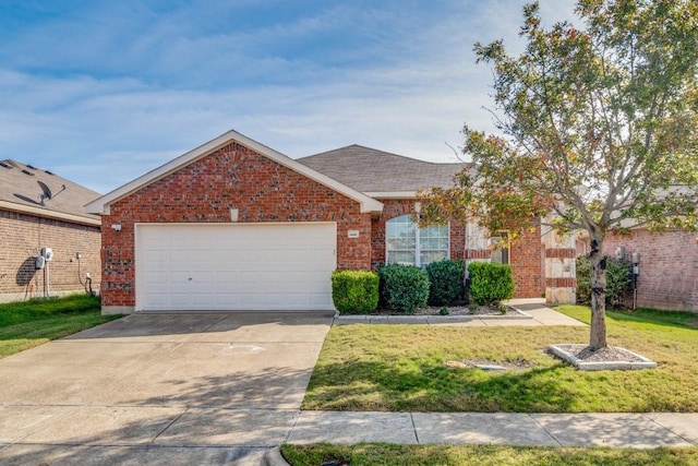 single story home featuring a front yard and a garage