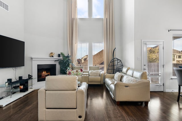 living room featuring a high ceiling and dark wood-type flooring