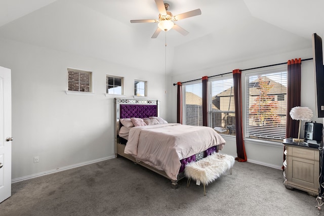 bedroom featuring ceiling fan, dark carpet, and vaulted ceiling