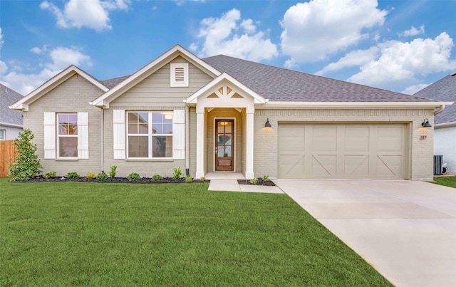 view of front of property with a garage, a shingled roof, cooling unit, driveway, and brick siding