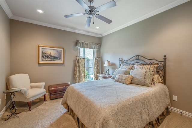 bedroom featuring ceiling fan, light colored carpet, and ornamental molding