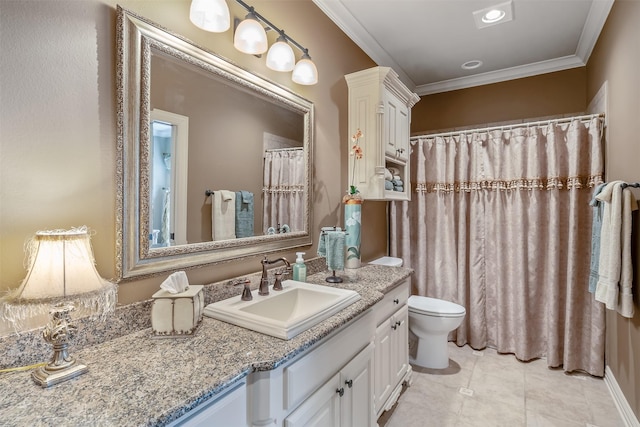 bathroom featuring crown molding, vanity, toilet, and tile patterned flooring