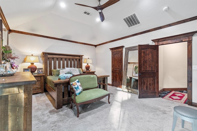 bedroom featuring ceiling fan, ornamental molding, and vaulted ceiling