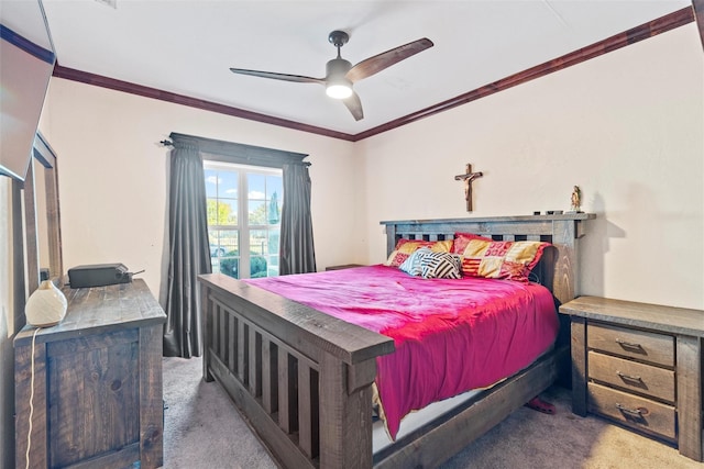 bedroom with dark colored carpet, ceiling fan, and ornamental molding