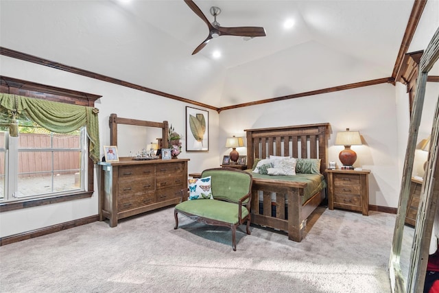 carpeted bedroom featuring ceiling fan, crown molding, and lofted ceiling