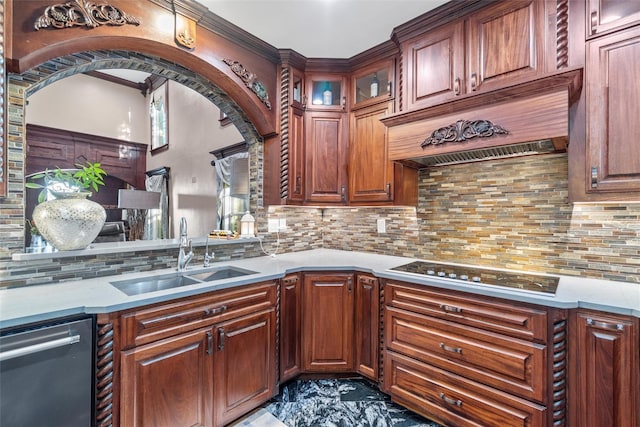 kitchen with dishwasher, sink, gas cooktop, backsplash, and custom exhaust hood