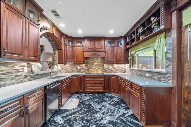 kitchen featuring decorative backsplash, sink, stainless steel dishwasher, and gas cooktop