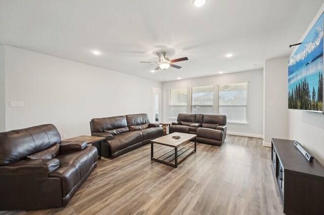 living room with light wood-type flooring and ceiling fan