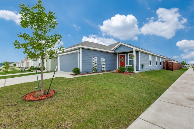 ranch-style house with a front lawn and a garage