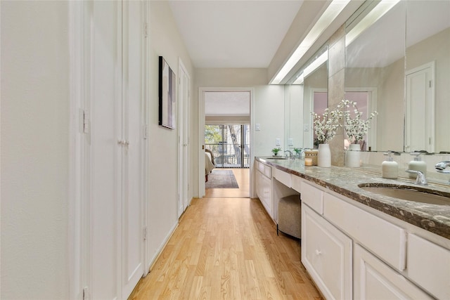 bathroom with vanity and wood-type flooring