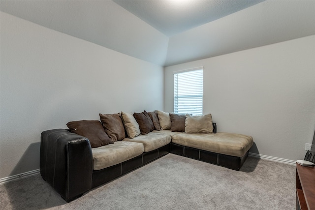 living room featuring lofted ceiling and carpet