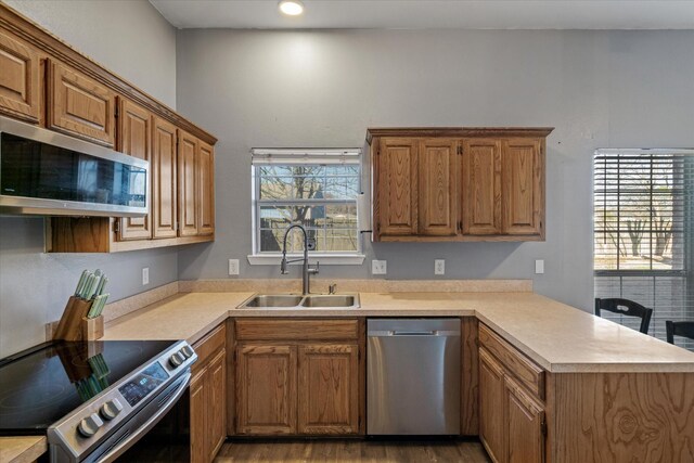 kitchen with wood-type flooring, sink, kitchen peninsula, and stainless steel appliances