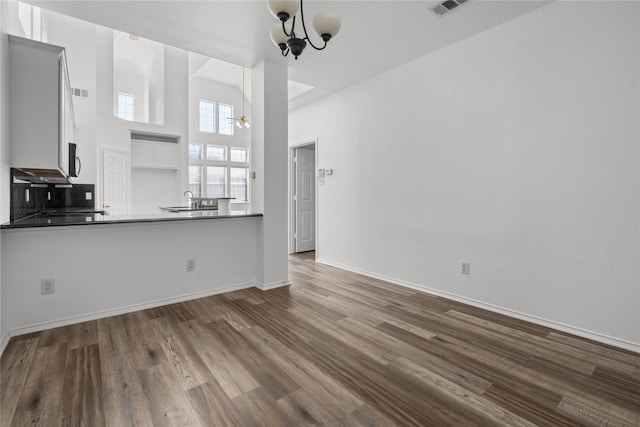 kitchen with a chandelier, kitchen peninsula, white cabinetry, and dark hardwood / wood-style floors