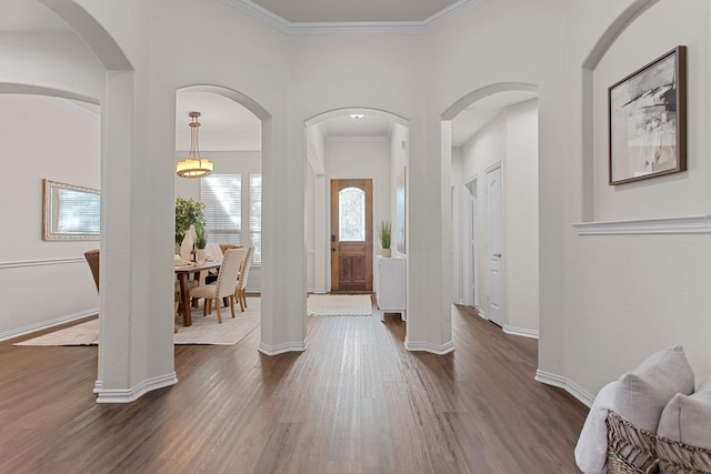 entrance foyer featuring ornamental molding and dark wood-type flooring