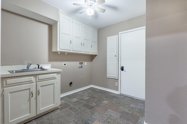 laundry room with sink, cabinets, hookup for a washing machine, ceiling fan, and hookup for an electric dryer