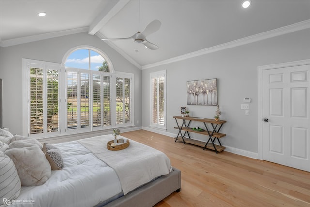 bedroom with ornamental molding, lofted ceiling with beams, light hardwood / wood-style floors, and ceiling fan