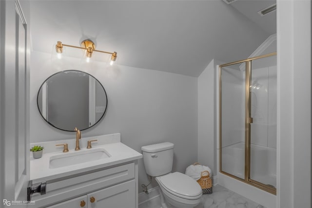 bathroom featuring lofted ceiling, toilet, a shower with door, and vanity