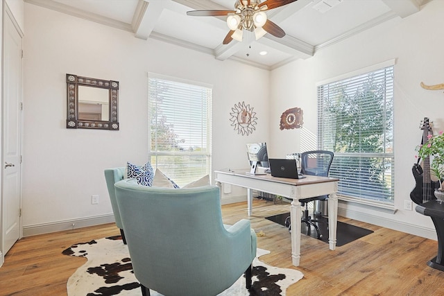 office with plenty of natural light, beamed ceiling, coffered ceiling, and hardwood / wood-style flooring