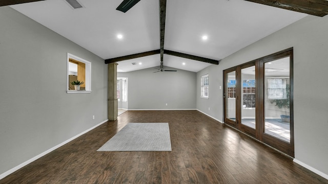 unfurnished living room featuring lofted ceiling with beams, ceiling fan, dark wood-type flooring, and french doors