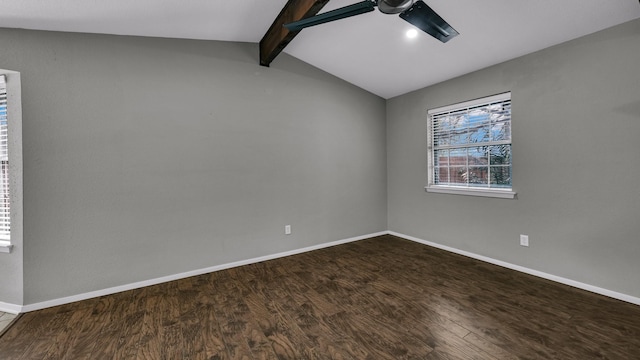 spare room with lofted ceiling with beams and wood-type flooring