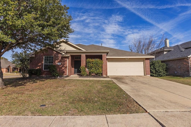 ranch-style house featuring a front yard and a garage