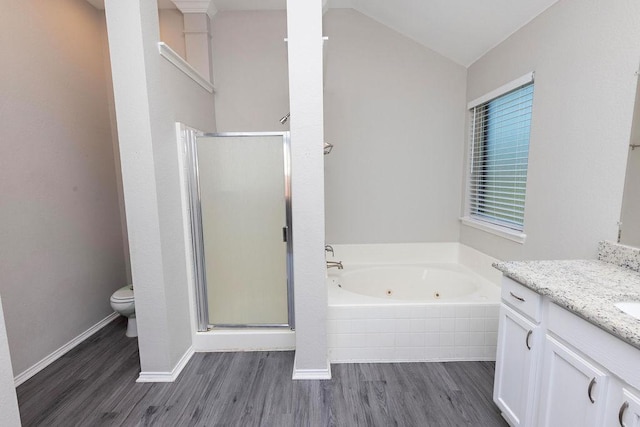 full bathroom with hardwood / wood-style flooring, vanity, lofted ceiling, and shower with separate bathtub