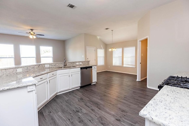 kitchen with white cabinets, dishwasher, dark hardwood / wood-style floors, and hanging light fixtures