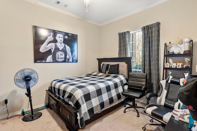 carpeted bedroom with ornamental molding