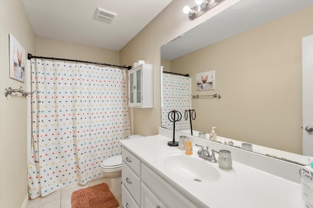 bathroom featuring tile patterned flooring, vanity, toilet, and a shower with shower curtain