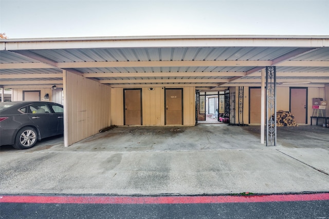 garage with wood walls