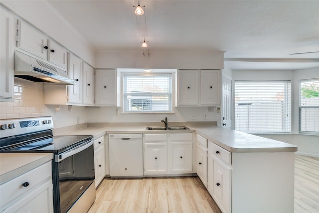 kitchen featuring stainless steel range with electric stovetop, white dishwasher, kitchen peninsula, and white cabinets