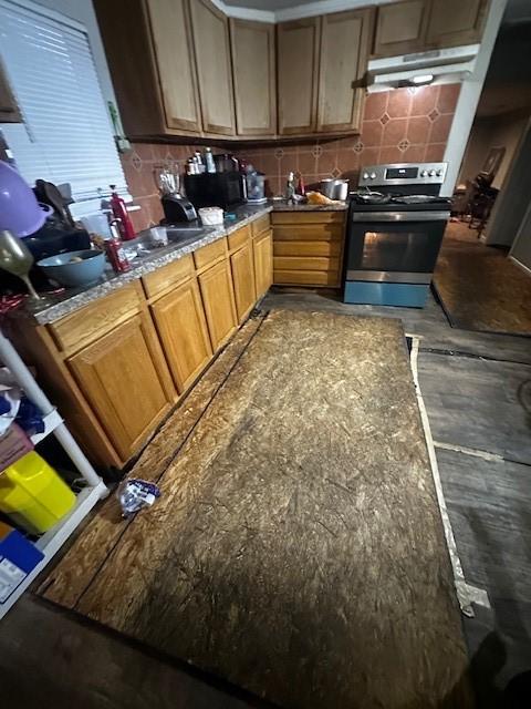 kitchen featuring electric stove, sink, and decorative backsplash