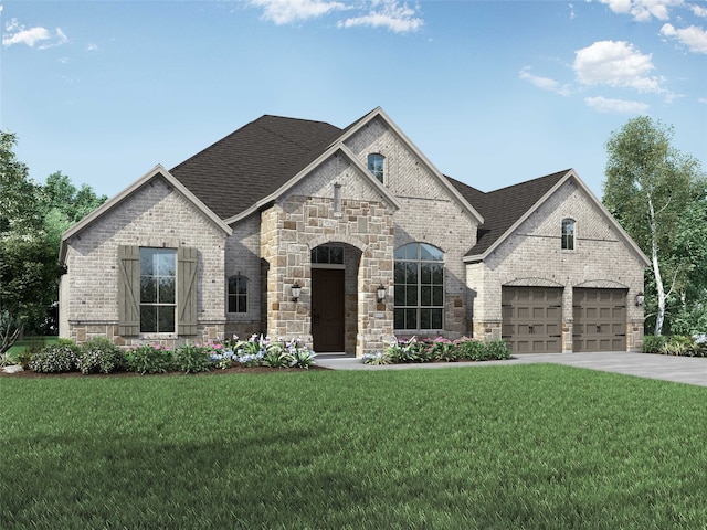 4121 Buffalo Clover Dr, Aubrey, TX 76227 - french provincial home featuring brick siding, a front lawn, concrete driveway, and stone siding