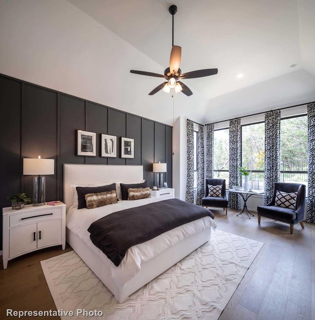 4121 Buffalo Clover Dr, Aubrey, TX 76227 - bedroom featuring multiple windows, hardwood / wood-style flooring, high vaulted ceiling, ceiling fan, and recessed lighting