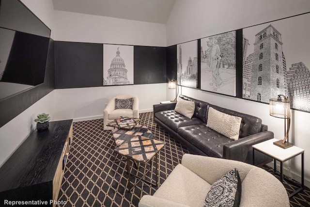 4121 Buffalo Clover Dr, Aubrey, TX 76227 - living area featuring carpet flooring and vaulted ceiling
