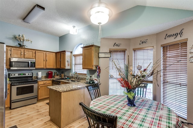 kitchen with sink, stainless steel appliances, plenty of natural light, and light hardwood / wood-style floors