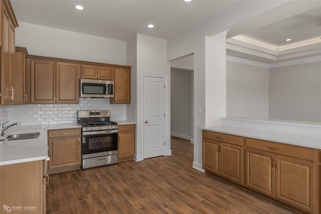 kitchen with backsplash, sink, stainless steel appliances, and dark wood-type flooring