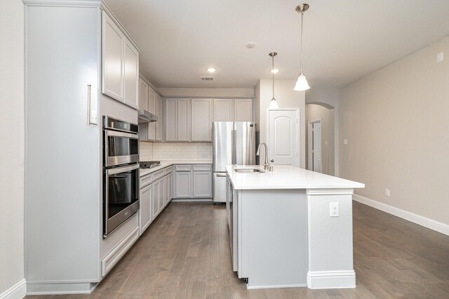 2013 Barx Dr, Little Elm, TX 75068 - kitchen featuring arched walkways, wood finished floors, under cabinet range hood, stainless steel appliances, and tasteful backsplash