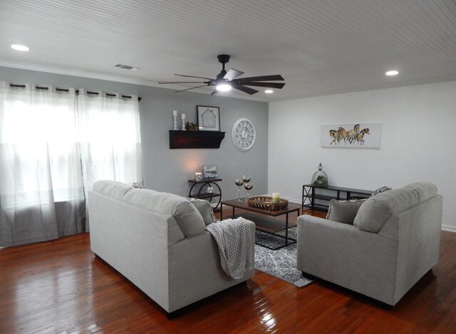 living room with dark hardwood / wood-style floors and ceiling fan