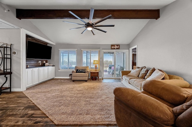 living room featuring ceiling fan, dark hardwood / wood-style flooring, and lofted ceiling with beams