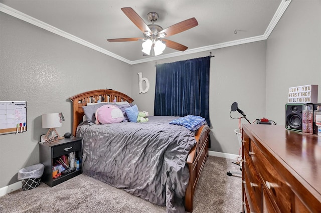 bedroom featuring ceiling fan, carpet floors, and ornamental molding