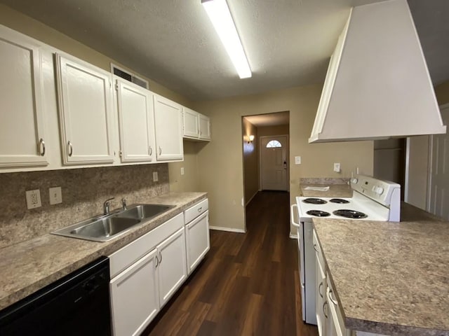 kitchen with white electric range oven, sink, dishwasher, white cabinets, and dark hardwood / wood-style floors