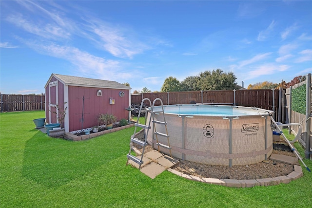 view of pool featuring a storage shed and a lawn