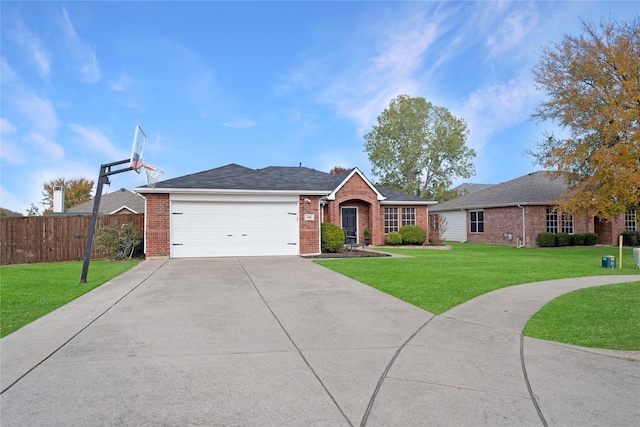 ranch-style home featuring a front yard and a garage